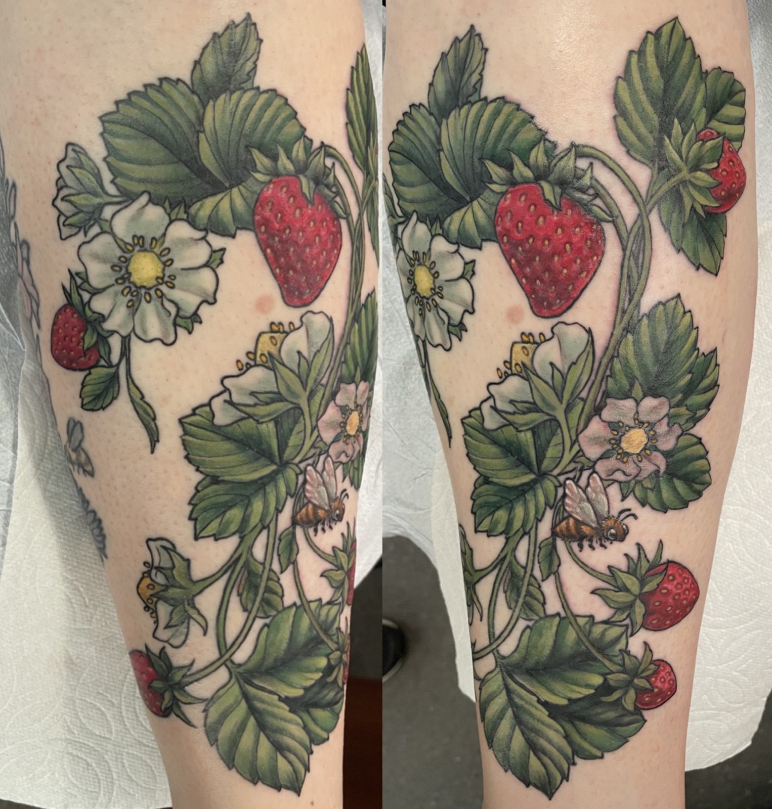 Color tattoo of strawberries and leafy plants by Agnes Hamilton
