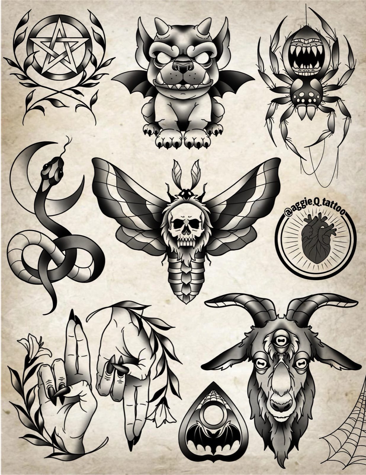 Black and gray dark art tattoo flash by Agnes Hamilton