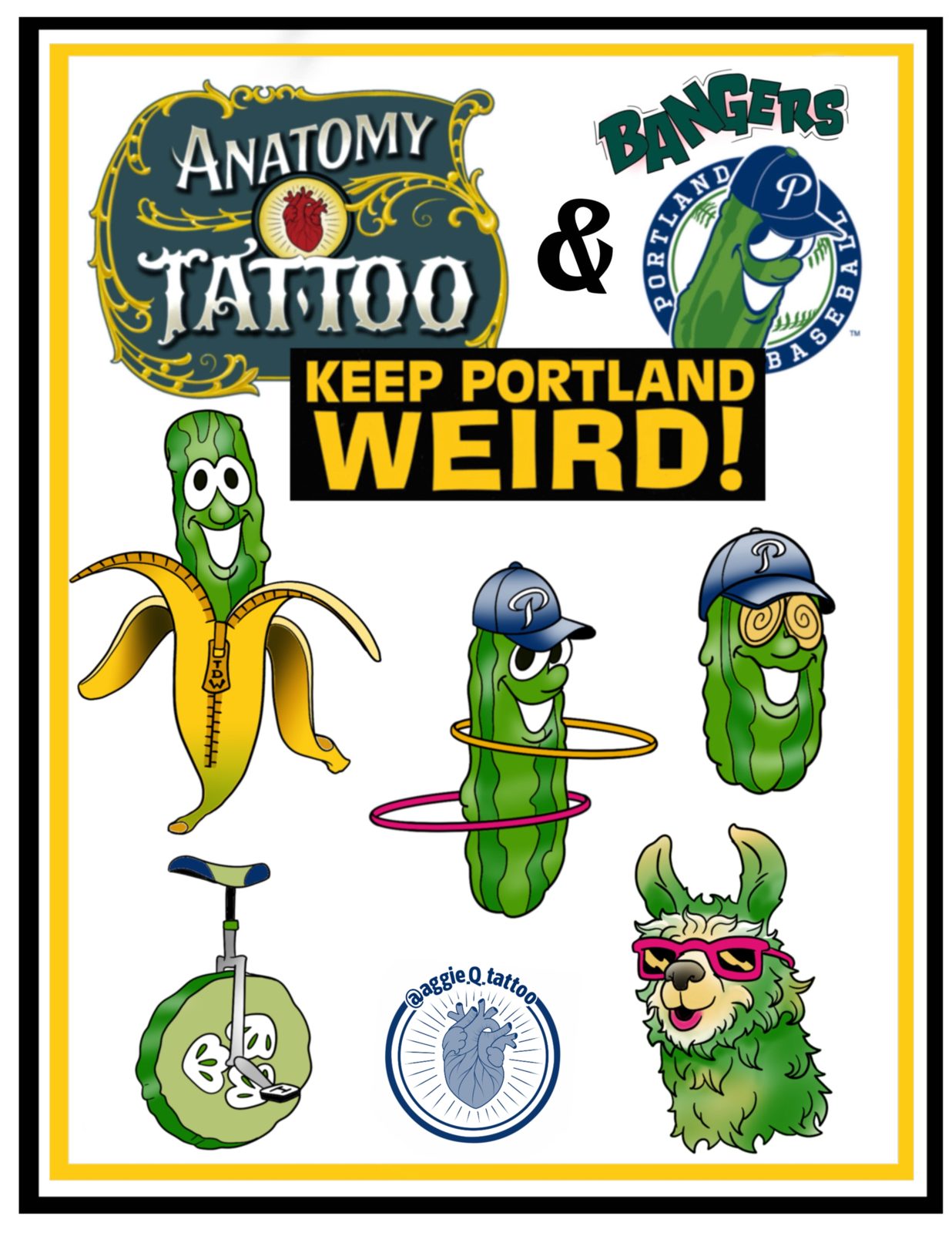 Anatomy Tattoo and Portland Pickles Keep Portland Weird tattoo flash by Agnes Hamilton
