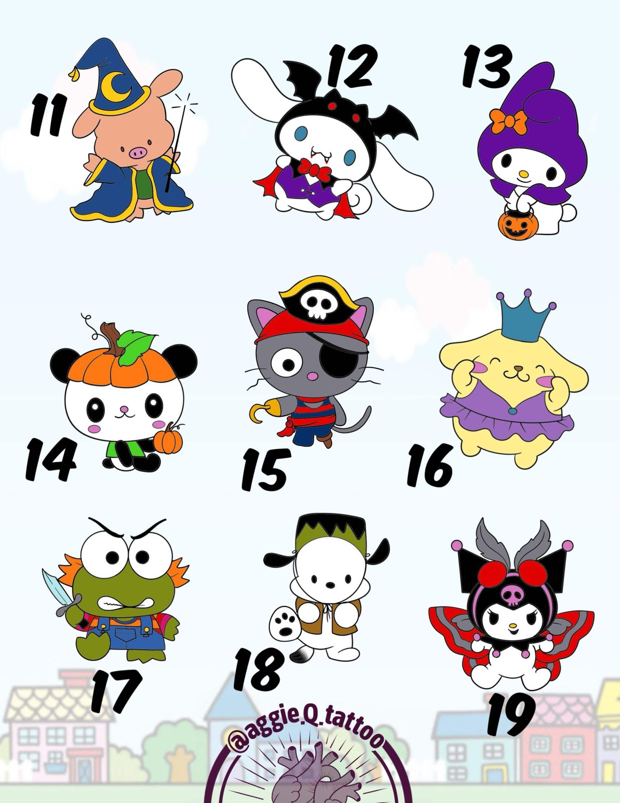 Cute and spooky Rose City Comic Con tattoo flash designs 11 through 19 by Agnes Hamilton