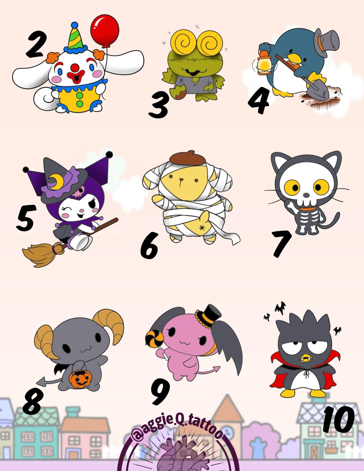 Cute and spooky tattoo flash designs 2 through 10 by Agnes Hamilton