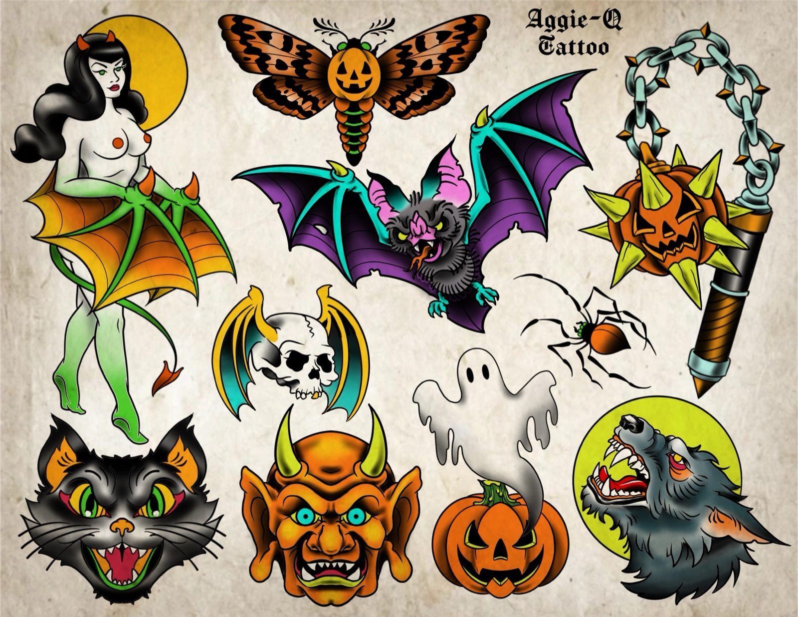 Halloween tattoo flash with bats, pumpkins, a ghost and other spooky designs by Agnes Hamilton